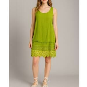 Y2K Silk Lime Green Mini Dress Lace Trim Womens Large Fairy Fairycore Tinkerbell